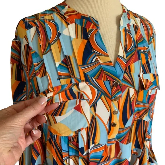 COCOMO XL 3/4 sleeve blue orange multicolored women’s pintuck Blouse top… - Picture 4 of 14